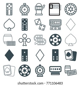 Set of 25 gambling filled and outline icons such as domino, roulette, casino chip, spades, clubs, diamonds, slot machine, dice, lotto