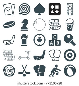 Set of 25 game filled and outline icons such as abc cube, spades, 100 casino chip, hockey puck, boxing gloves, apple target, hockey, hockey stick and puck, basketball player
