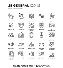 Set of 25 general linear icons such as biotechnology, biomass energy, bioengineering, bio technology, big data scientist, vector illustration of trendy icon pack. Line icons with thin line stroke.