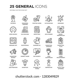 Set of 25 General linear icons such as patience, password phishing, painting work, outsourcing, organism, model preparation, vector illustration of trendy icon pack. Line icons with thin line stroke.