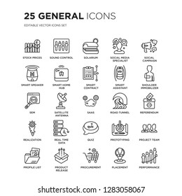 Set of 25 General linear icons such as stock prices, sound control, solarium, social media specialist, campaign, vector illustration of trendy icon pack. Line icons with thin line stroke.