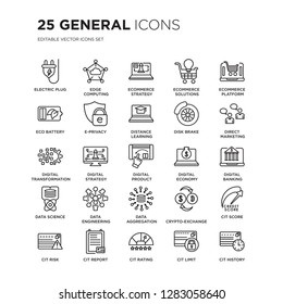 Set of 25 general linear icons such as electric plug, edge computing, ecommerce strategy, solutions, vector illustration of trendy icon pack. Line icons with thin line stroke.