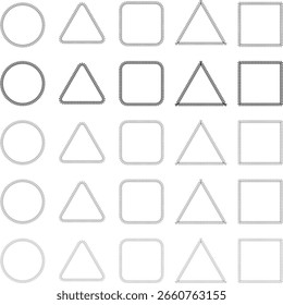 Un conjunto de 25 Formas geométricas (círculo, triángulo, cuadrado) hechas de líneas en bucle. Monocromo, con grosor y tono variados. Perfecto para decoración o fondos.