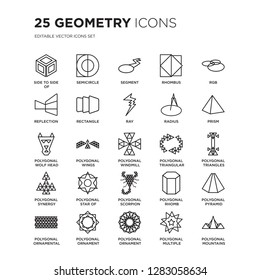 Set of 25 Geometry linear icons such as Side to side a cube, Semicircle, Segment, Rhombus, Rgb, Prism, vector illustration of trendy icon pack. Line icons with thin line stroke.