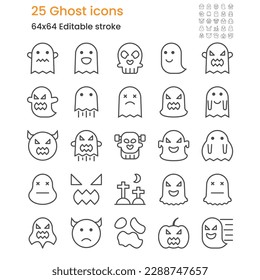 Set of 25 ghost icons. outline style editable stroke