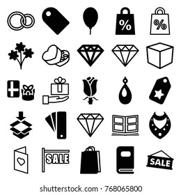 Set of 25 gift filled and outline icons such as tag, necklace, earring, diamond, shopping bag, gift, bouquet, rose, box, sale, shopping sale, balloon, photo album, gem