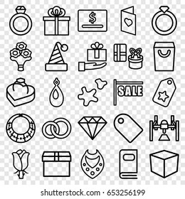 Set of 25 gift outline icons such as necklace, earring, diamond, rose
