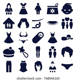 Set of 25 girl filled icons such as woman hairstyle, make up bag, bikini, hairstyle, hair barrette, casino girl, woman pants, dress, newborn child, family, couple, family home