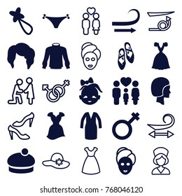 Set of 25 girl filled and outline icons such as woman hairstyle, spa mask, hair barrette, dress, woman hat, family, male, face, ballet shoes, curly hair, straight hair, shoe