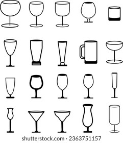 Set of 25 glass, Collection of 25 vector glassware that you can use in your designs. Each offering a unique style and character. Perfect for adding a touch of elegance to your creative work.