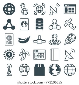 Set of 25 global filled and outline icons such as banana, browser window, cargo container, network connection, nightstand, globe, sun battery, signal tower, map location
