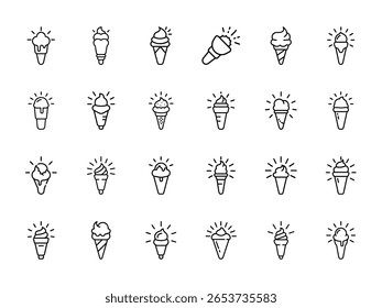 Conjunto de 25 ícones brilhantes do gelo do contorno - símbolos minimalistas da sobremesa desenhados à mão no fundo branco para doces de verão e design de UI do aplicativo de comida
