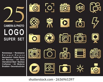 Set of 25 Golden minimal camera icons and photography logo elements. Perfect for studios, media branding and creative visual content
