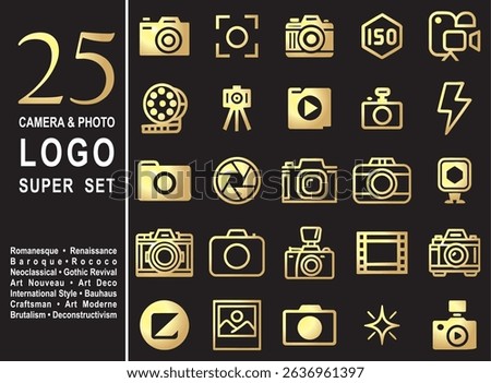 Set of 25 Golden minimal camera icons and photography logo elements. Perfect for studios, media branding and creative visual content