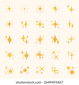 Conjunto de 25 ícones de estrelas douradas em várias formas. Estrelas, dourados e ícones se repetem. Estrelas em diferentes desenhos, dourado e brilhante, ícones para decoração. Vetor de elemento definido.