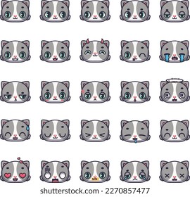 Conjunto de 25 avatares de gatos grises con diversas expresiones faciales, emotes