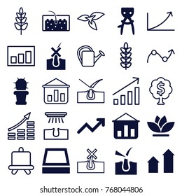 Set of 25 grow filled and outline icons such as arrow up, hair removal, graph on board, flower, hair, cactus, square plant pot, graph, plant, board, money growth, watering can