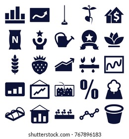 Set of 25 growth filled icons such as graph, chart, dolar growth, graph on board, plant, hoe, watering can, pot for plants, flower, sprout plants, strawberry, bag with ground