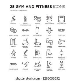 Set of 25 Gym and fitness linear icons such as Workout, Women Fitness Clothing, Weights, Weightlifting, Weight scale, vector illustration of trendy icon pack. Line icons with thin line stroke.