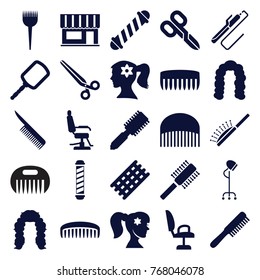 Set of 25 hairdresser filled icons such as comb, barber brush, hair brush, mirror, barber chair, hair curler, hairstyle, barber scissors, manicure scissors