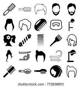 Set of 25 hairstyle filled and outline icons such as comb, woman hairstyle, man hairstyle, hair brush, salon hair dryer