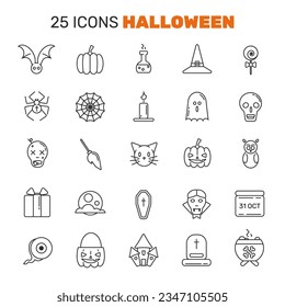 Set of 25 Halloween outline icons with Halloween signs and symbols, pumpkins, characters, objects and animals.