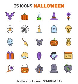 Set of 25 Halloween outline icons with Halloween signs and symbols, pumpkins, characters, objects and animals.