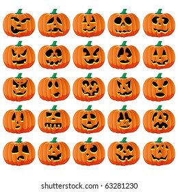 Set of 25 halloween pumpkins with Jack O`Lantern face, part 15, vector illustration