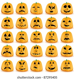 Set of 25 halloween pumpkins with Jack O`Lantern face, vector illustration