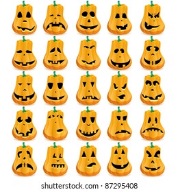Set of 25 halloween pumpkins with Jack O`Lantern face, vector illustration