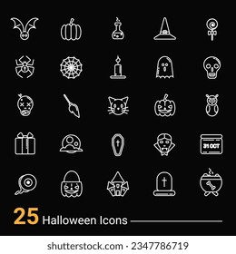 Set of 25 Halloween white outline icons with Halloween signs and symbols, pumpkins, characters, objects and animals on a black background.