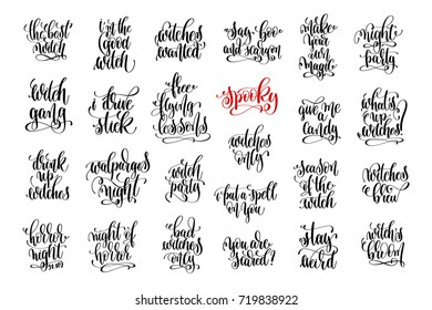 set of 25 halloween witch party hand lettering inscription, celebration quote, black and white calligraphy vector illustration collection