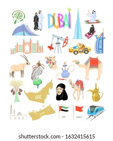 set of 25 hand drawing icon symbol from Dubai, United Arab Emirates, Middle East, vector illustration collection