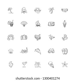 set of 25 hand drawing sketch icons summer themed, vector illustration collection