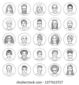 Set of 25 hand drawn avatars, diverse portraits of people of different ethnicities