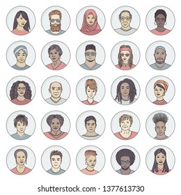 Set of 25 hand drawn avatars, colorful and diverse portraits of people of different ethnicities