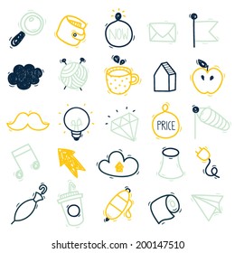 Set of 25 hand drawn and colorful icon in different themes