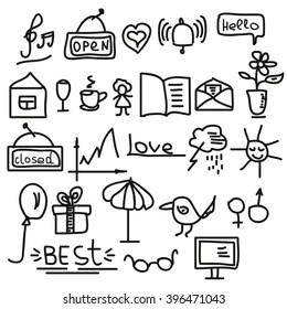 Set of 25 hand drawn doodle illustration. Vector.Black icons on white background.