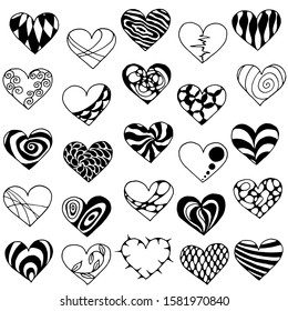 Set of 25 hand drawn hearts. Valentine's Day hearts on a white background. Vector illustration in doodle style. Line art. Ideal for decorating postcards, doors, website, printing on fabric. EPS10.