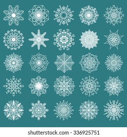 Set of 25 hand drawn symmetric white snowflakes isolated on a green background. Traditional Xmas and new year decoration elements for creative design.
