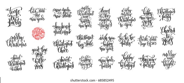 set of 25 hand lettering christmas quotes design to greeting card, poster, banner, celebration web design, isolated on white background, calligraphy vector illustration collection