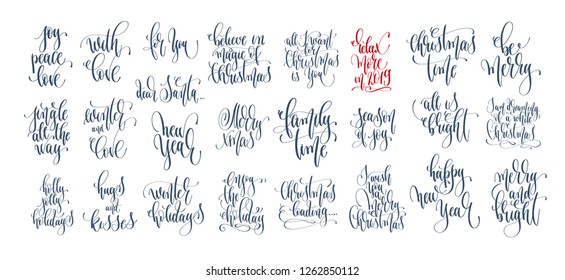 set of 25 hand lettering inscription text to winter holiday design, calligraphy vector illustration collection