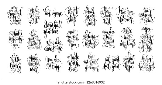 set of 25 hand lettering inscription text, motivation and inspiration positive quotes, calligraphy vector illustration collection