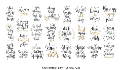 set of 25 hand lettering inscription text positive quotes design, motivation and inspiration phrases, calligraphy vector illustration collection