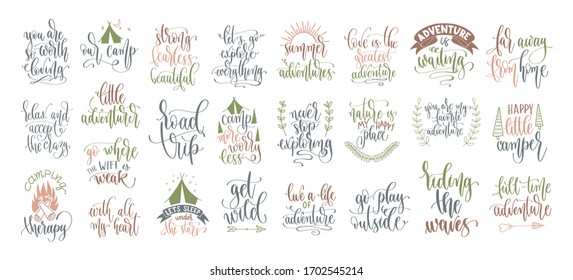 set of 25 hand lettering inscription posters about travel adventure, positive quotes motivation and inspiration calligraphy vector illustration collection