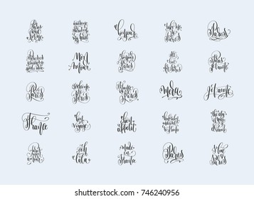 set of 25 hand lettering inscriptions about travel to Paris France, inspiration quotes calligraphy vector illustration collection 