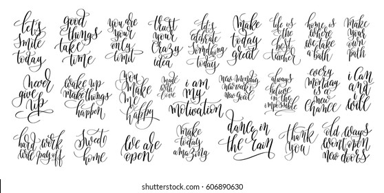 set of 25 hand lettering motivational quotes, handwritten positive phrases to print, inspirational typography slogans calligraphy vector illustration collection