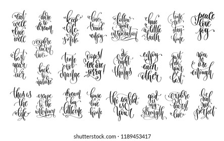 set of 25 hand lettering positive quotes isolated on white, motivation and inspiration phrases, calligraphy vector illustration