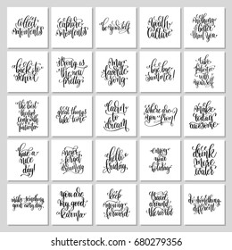 set of 25 hand lettering positive posters, black and white inspirational quote, calligraphy vector illustration poster collection 