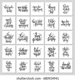 set of 25 hand lettering positive posters, black and white inspirational quote, calligraphy vector illustration poster collection 